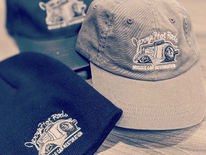 images of embroidery services on beanies and baseball hats